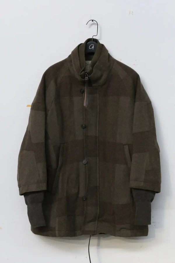 DEVOA Wool Double-Collar Zip-Up Jacket (Japan) DVA-JKI-SNM-KAQI, Khaki Check Pattern